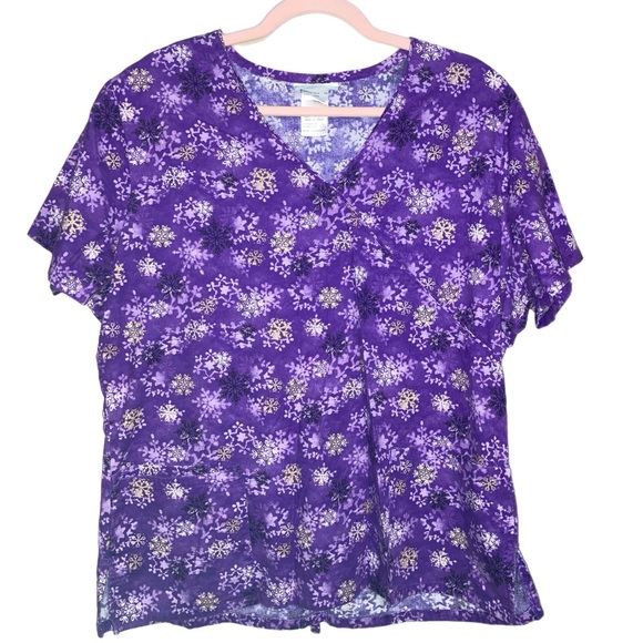 SB Scrubs Large Purple Snowflake Scrub Top 3 pockets tie back great cond! 11119 - Picture 1 of 5
